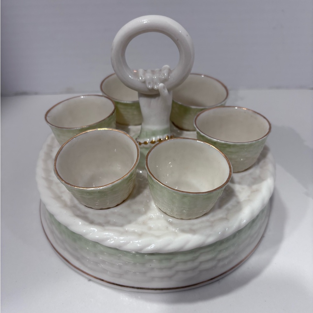 Belleek Porcelain Egg Holder Basket Weave with 5 Removable Cups - Picture 3 of 5